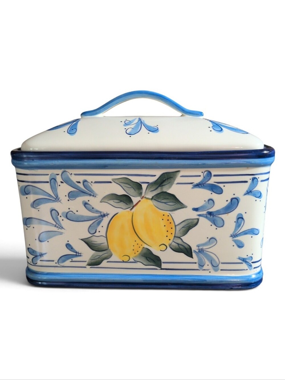 Ceramic Lemon Bread Box with Blue Trim - White and Yellow